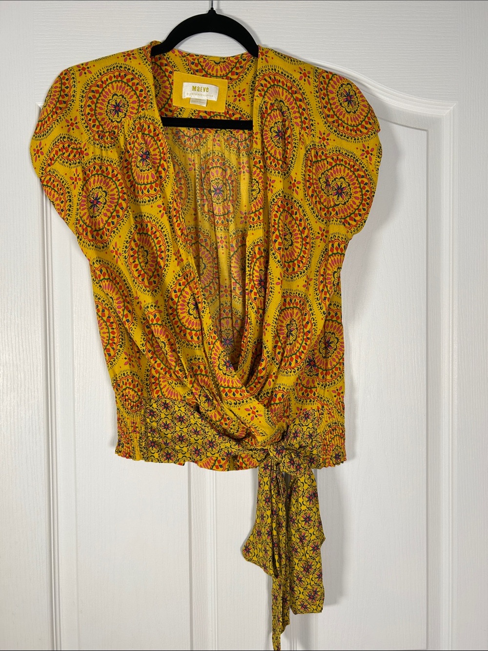 Maeve Mustard Yellow Medallion Print Wrap Blouse size M